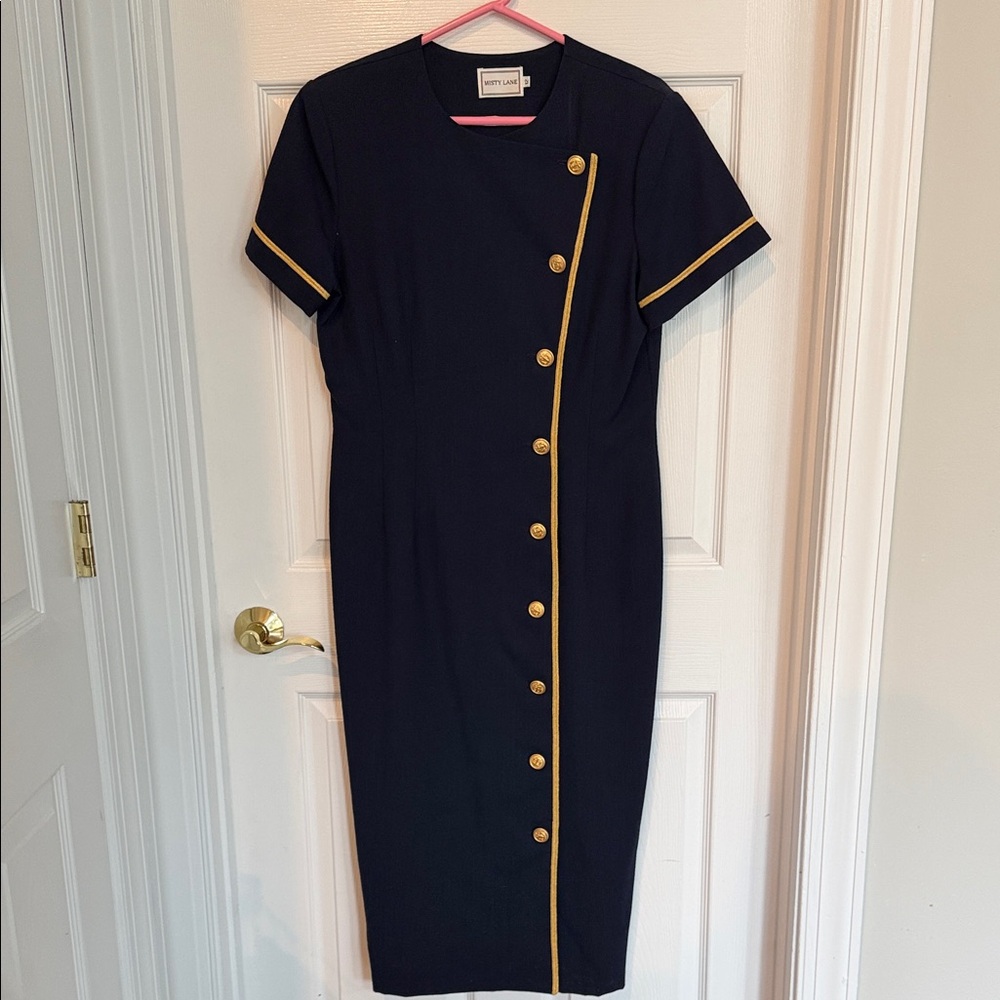 Navy Midi Dress with Gold Button Detail